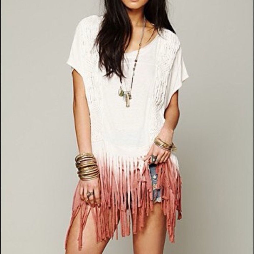 Free People White to Dusty Pink Ombre Fringe Tunic